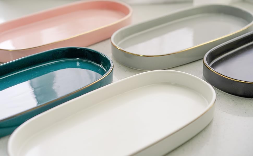 Ceramic Bathroom Vanity Tray, 10x5 Oval Decorative Tray for
