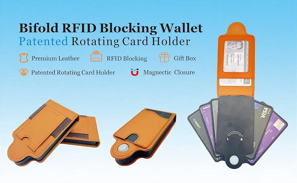 RFID Bifold Leather Wallet,Bifold leather wallet,patented rotating wallet ,wiigd wallet for man
