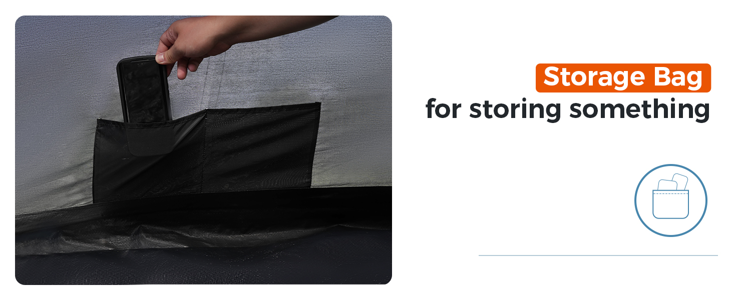 Black fabric storage bag being unzipped, revealing compartments for storing items. Hand visible pulling zipper open.