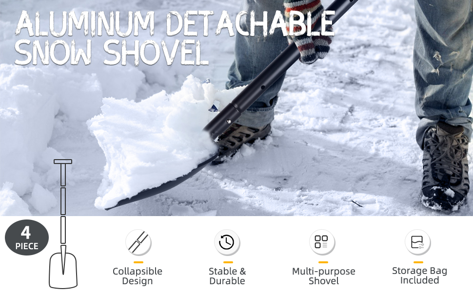 43" Collapsible Snow Shovel Sand Mud Removal Tool, Ergonomic Aluminum Shovel with Large Spade