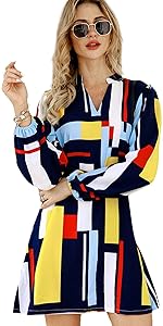 Floerns Women's Geometric Printed Long Sleeve Casual V Neck Shift Dress