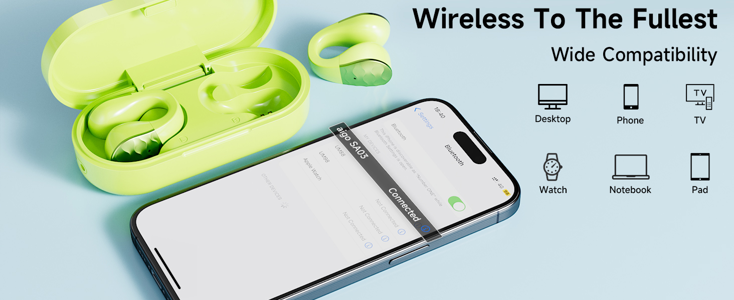 aigo Wireless Earbud Bluetooth Earphones, Open Ear Clip, Sport Ear Buds for iPhone/Android/Computer