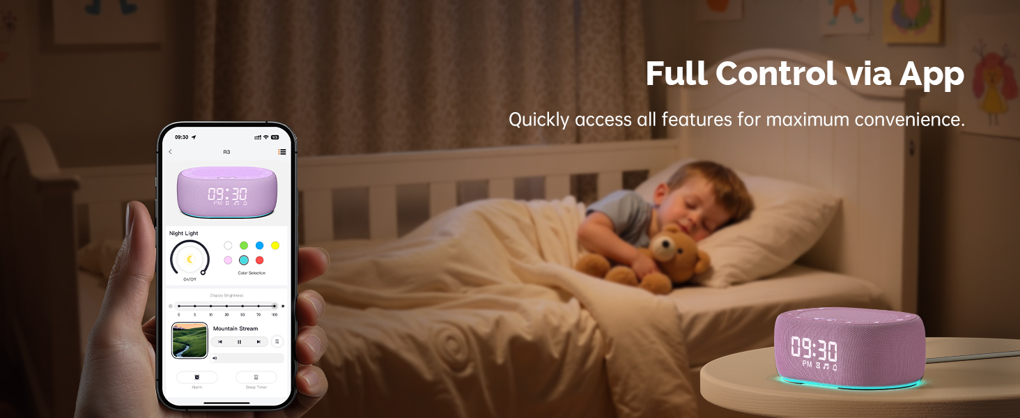 Sound Machine for Sleep - Full Control via App. Quickly acces all features for maximum convenience.