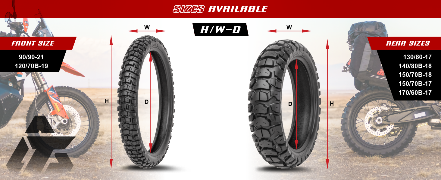 Adventure motorcycle tire size chart showing one front and four rear options with tire measurements