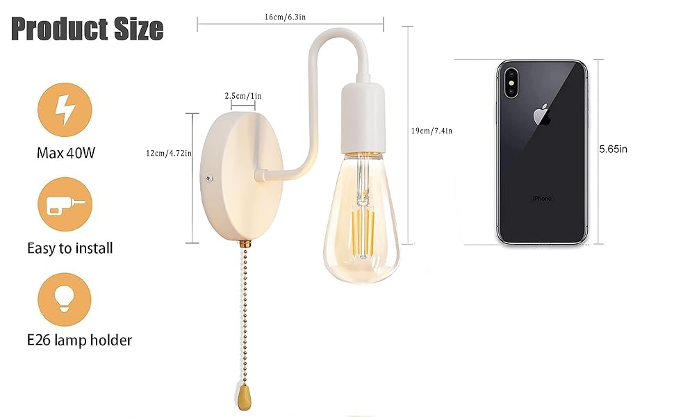 DTIEDY Pull Chain Wall Light Fixture White, 1Light Hardwired Wall