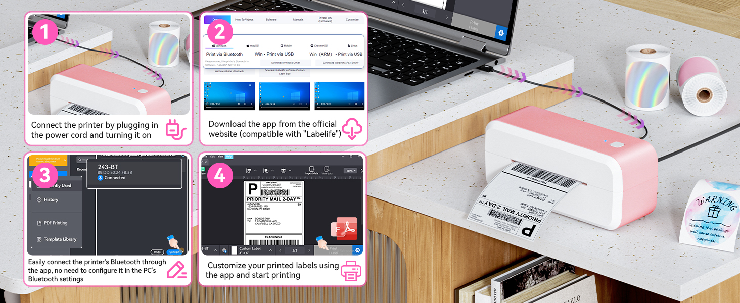 Bluetooth Thermal Shipping Label Printer, Wireless 4x6 Label Printer for Small Business