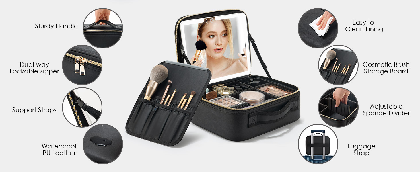 Travel Makeup Bag with LED Mirror & 3 Light Modes – Portable Cosmetic Organizer Case with Adjustable Dividers & Rechargeable Light | Vanity Case for Women