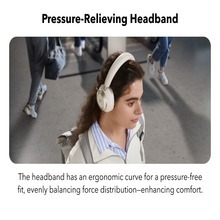 Text reads 'Pressure Relieving Headband'. Product photo showing headphones with padded headband against grey background.