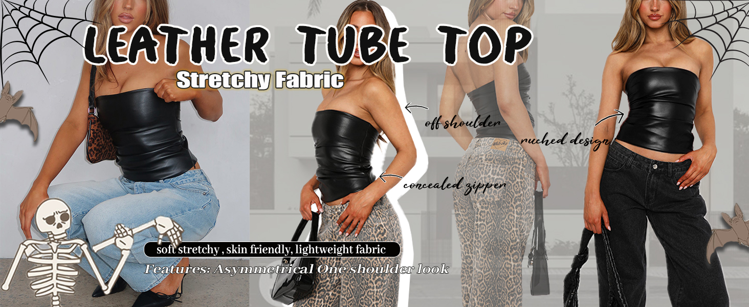 OZICERD Faux Leather Tube Top Strapless Going Out Tops for Women Sexy Club Tops Rave Concert Outfit Ruched Bandeau Crop Top 18 Black Leather Strapless Going Out Tube Tops for Women Ruched Club Top Rave Outfit Bandeau Crop Top