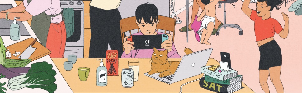 an illustrated panel of a household in motion