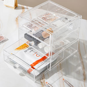 Makeup Organiser Storage Box with 3 Drawers, Acrylic Cosmetic Storage Case Jewelry Display Box Caddy for Sunglasses Jewelry Dressing Table Vanity Counter in the Bedroom Bathroom Gift Idea, Transparent 17 make-up organziser box