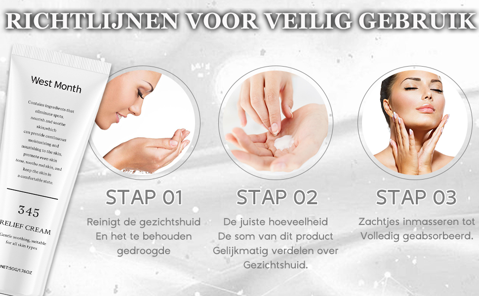 De tekst luidt 'RICHTLIJNEN VOOR VEILIG GEBRUIK', gevolgd door instructiepanelen voor huidverzorging in drie stappen waarin de toepassingstechnieken worden getoond. STAP 01, STAP 02 en STAP 03 zichtbaar.