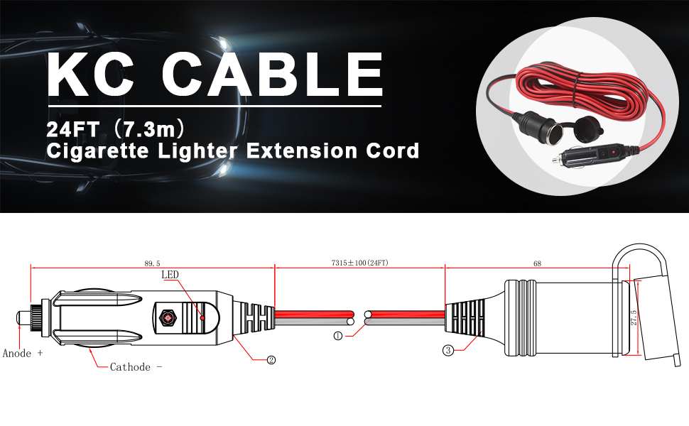 Cigarette Lighter Male to Female Extension Cable