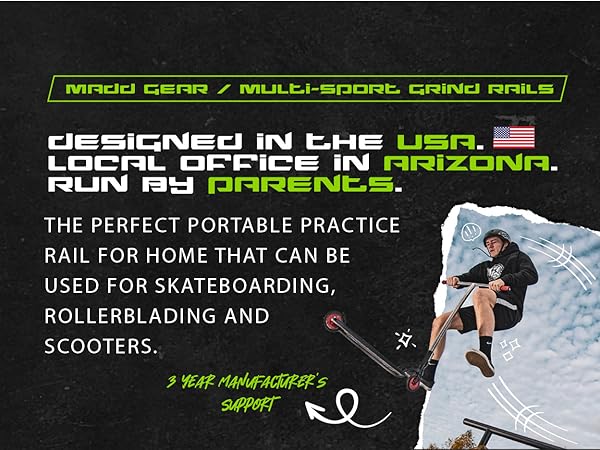 Madd gear grind rail, designed in the usa, local office in arizona, run by parents