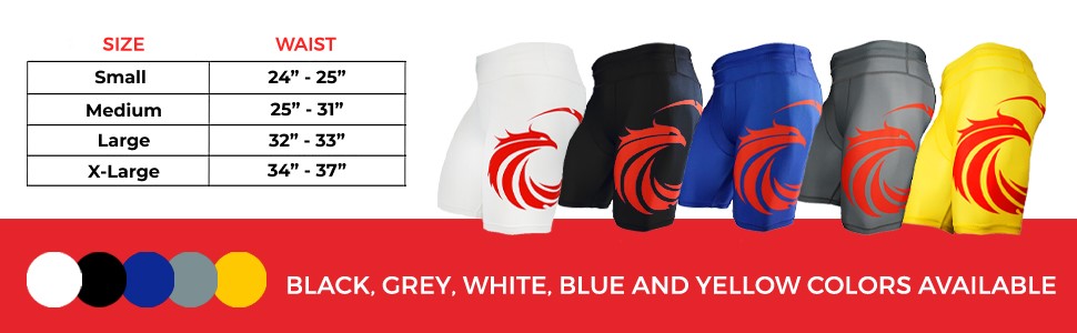 Waist sizing. Black, grey, white, blue, and yellow colors available.