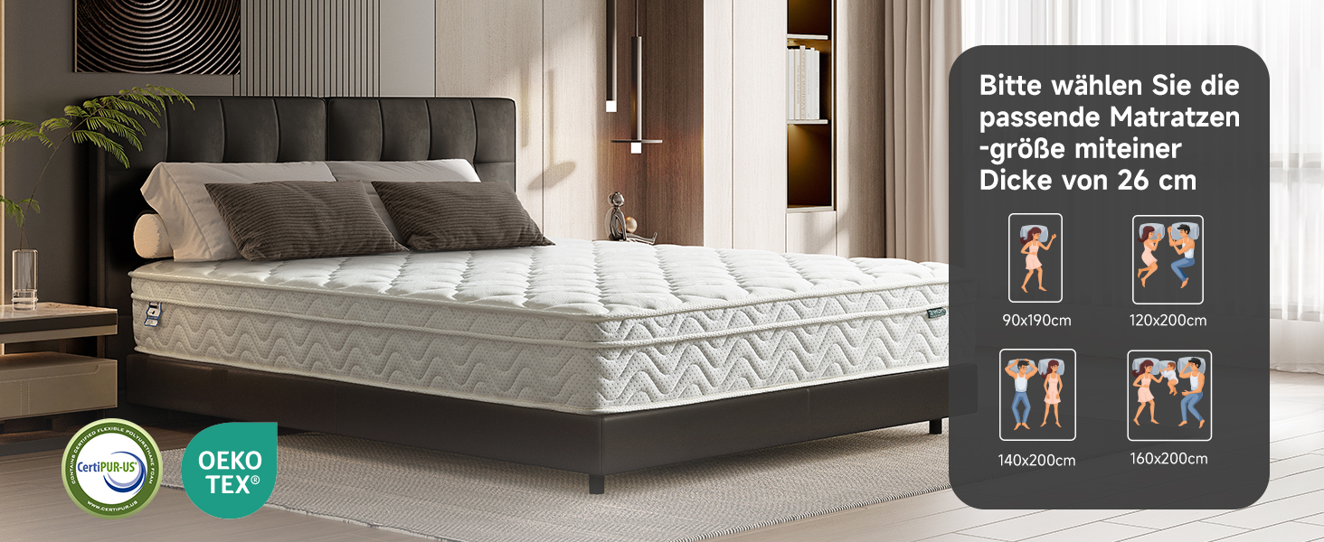 Modernes Schlafzimmer mit einer Matratze auf einem dunklen Rahmen. Die nebenstehende Grafik zeigt Optionen für die Matratzendicke und die Schlafpositionen. Umweltfreundliche Zertifizierungslogos sichtbar.