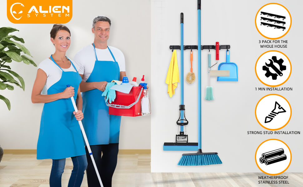 ALIEN SYSTEM Mop and Broom holder wall mount 2 Pack Hooks