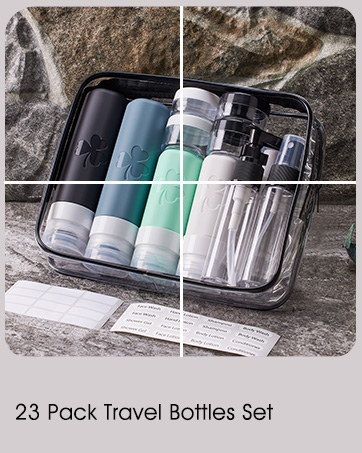 Text reads: '23 Pack Travel Bottles Set'. Collection of travel-sized bottles in blue and mint green colors arranged in a clear organizer against stone background.