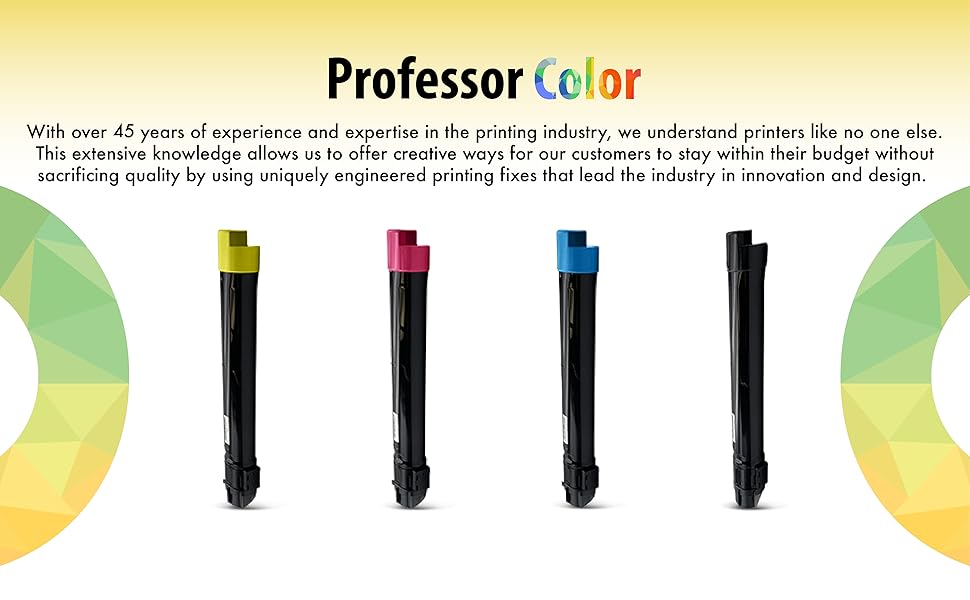 Professor Color logo on gradient colored background, 4 re-coded toner cartridges.