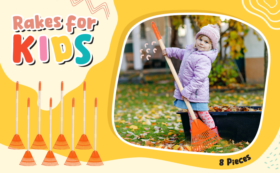 Therwen 8 Pcs Kids Rake 31" Child Size Plastic Lawn Rakes