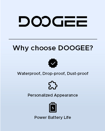 Infographic for Doogee brand, highlighting features: waterproof, drop-proof, dust-proof, personalized appearance, and power battery life. Black text and icons on light blue background.