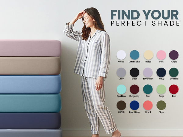 Bedding color selection display with stacked mattresses and a color palette. Woman wearing striped pajamas. Text: 'FIND YOUR PERFECT SHADE' with 20 color options shown.
