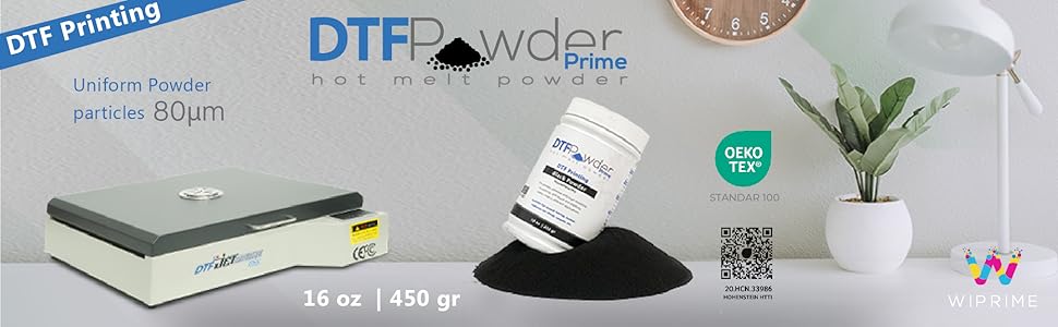 "Black WIPRIME DTF Powder, Digital Transfer Hot Melt Adhesive for black or dark-colored garments."