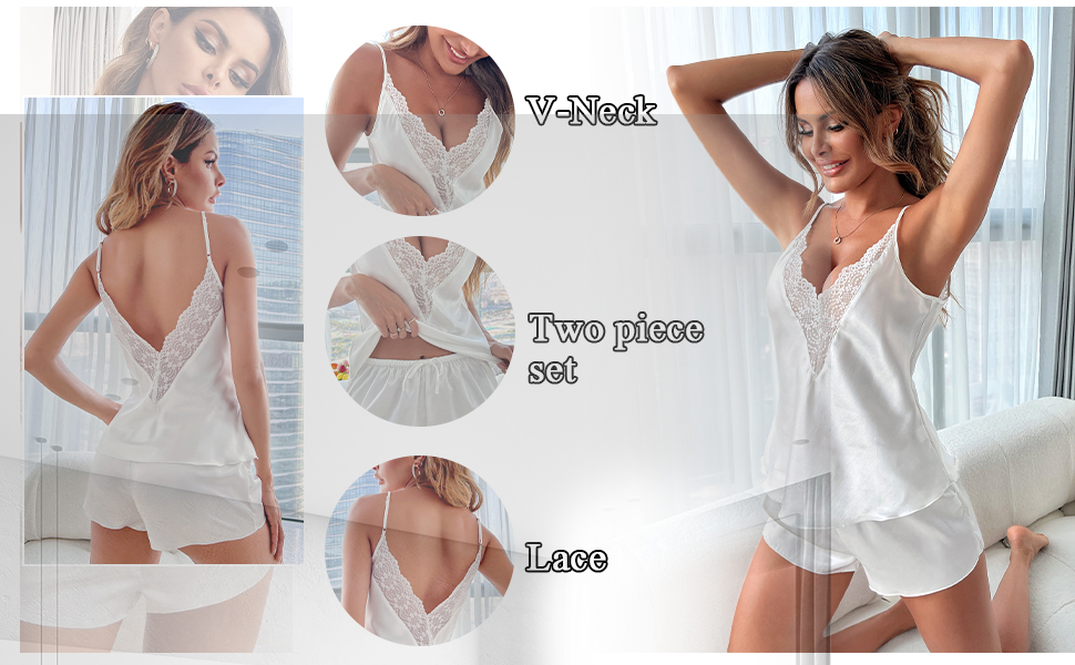 Women's Satin Silk Mesh Lace Deep V Neck Sleepwear Cami Top and Shorts 2 Piece Pajamas Set Nightwear