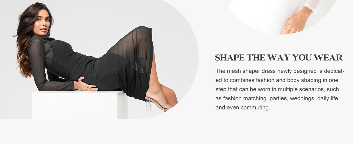 Shape Wear For A Dress Tummy Control Red Dress With Slit And Mesh Long Sleeve Dress 