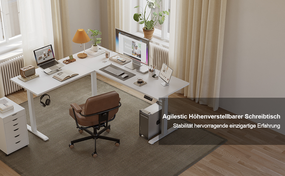 Height-adjustable desk setup in home office with white desk surface, office chair, computer equipment, and storage units against beige walls with natural lighting.