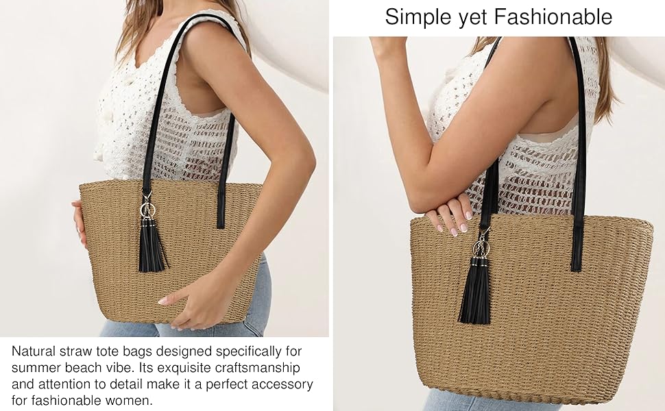 Womens Large Straw Tote Bag Handmade Woven Shoulder Handbag Summer Beach Purse with Tassel