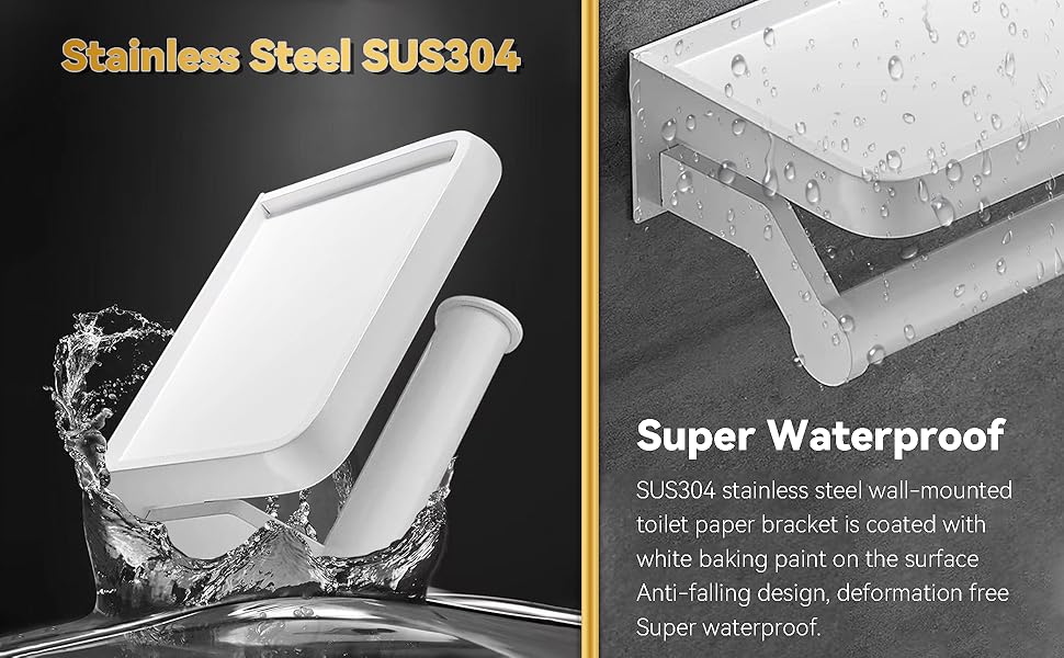 Hawgeylea White Toilet Roll Holder with Shelf, SUS 304 Stainless Steel