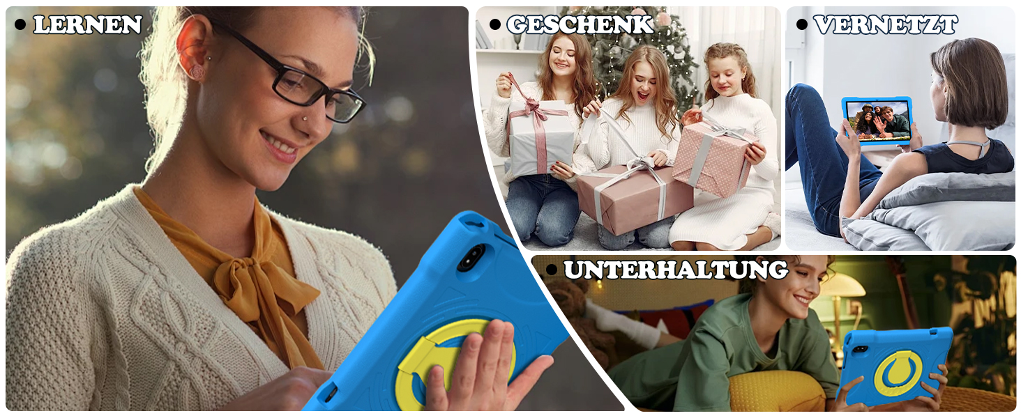 Der Text lautet „UNTERHALTUNG“. Reihe von Bildern, die Vorführungen von Unterhaltungssystemen oder Benutzeroberflächen mit blauen Markierungen zeigen.