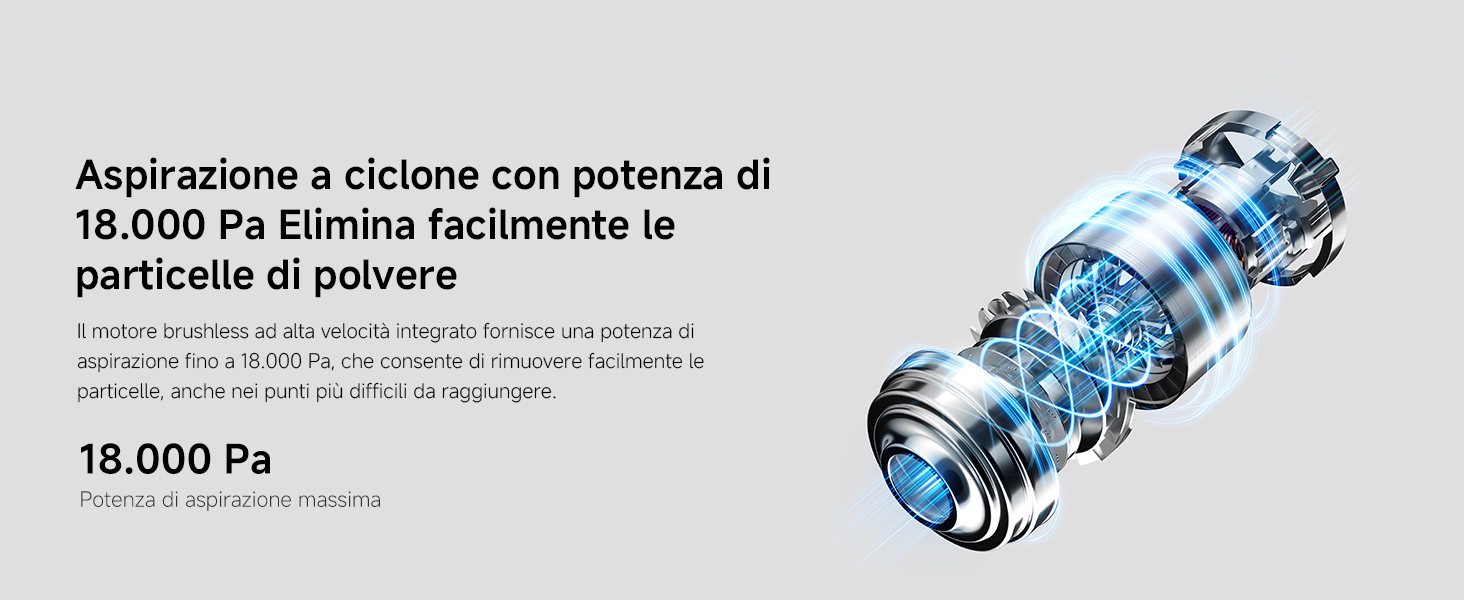 Il testo recita «Aspirazione a ciclone con potenza di 18.000 Pa favorisce l'assorbimento di particelle di polvere». Schema tecnico del meccanismo di aspirazione a ciclone blu.
