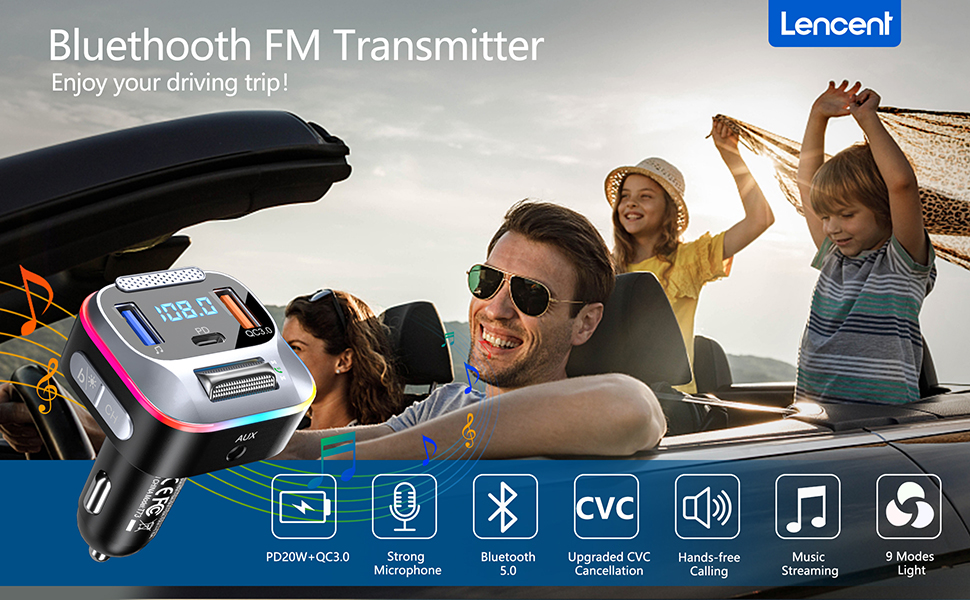 LENCENT Bluetooth 5.0 Car FM Transmitter, PD+QC3.0 Charger,AUX Radio