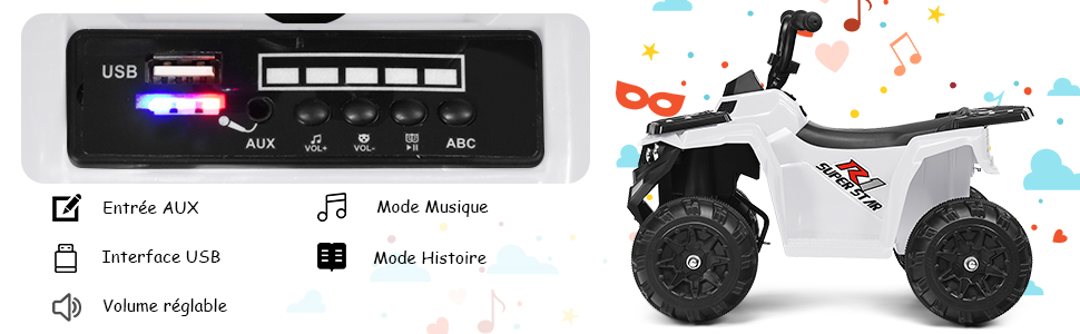 COSTWAY Quad Electrique Pour Enfants 3 Km/h,Phares, Musique, MP3, USB, AUX, Volume Réglable Voiture Pour Enfants De 3-6 Ans Blanc 10 1