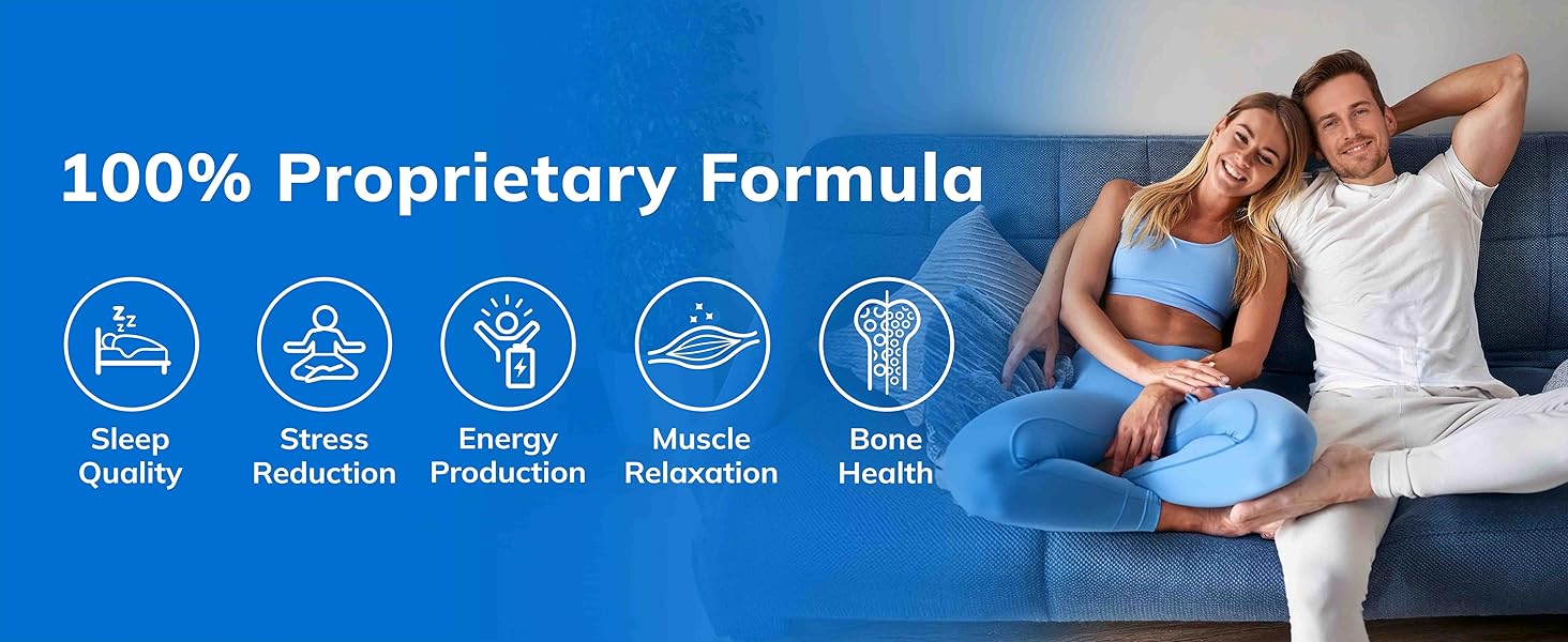Supports sleep quality, stress reduction, energy production, muscle relaxation, and bone health.