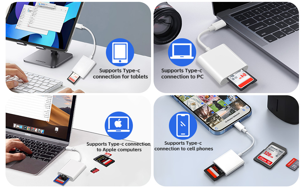 Multiple images showing Type-C connection compatibility across various devices including smartphones, laptops, and tablets with connection diagrams.
