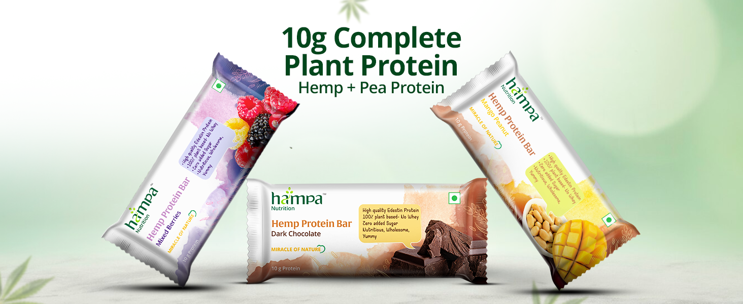 Hampa Ganja Protein Bar 50 G | Mixed berries taste | 10G plant protein | No whey, vegetarian friendly. No pair of sugar, sweet with dates. Snack anytime with adesteine protein. Pack of 3 bar