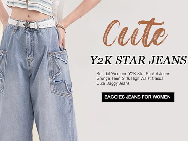 Sunidol Womens Blue Star Jeans Grunge Y2k Jeans Girls High