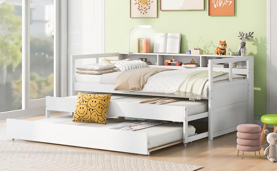 Polibi Twin XL Daybed with 2 Trundles, 3 Storage Cubbies