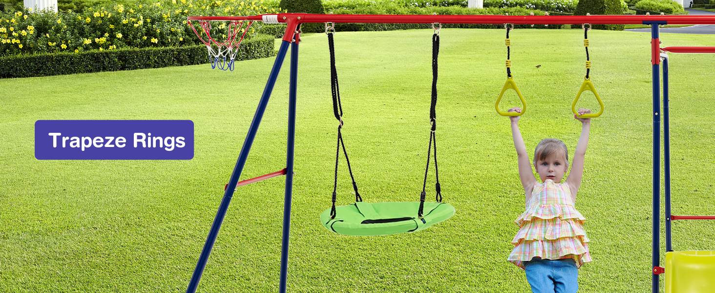 This metal swing set comes with a slide, 2 swings, a glider, trapeze rings, monkey bar