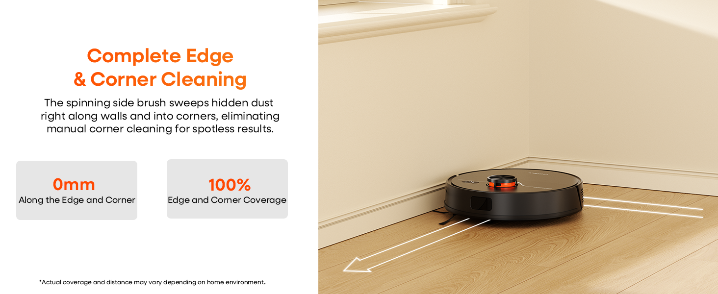 Text reads 'Complete Edge & Corner Cleaning'. Robotic vacuum cleaner shown cleaning along baseboards and corners of hardwood flooring.