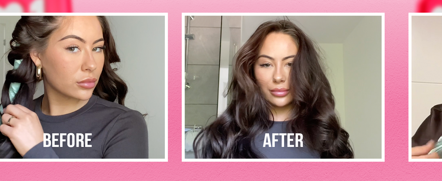 Before and after comparison showing hair styling results displaying different states of hair appearance.