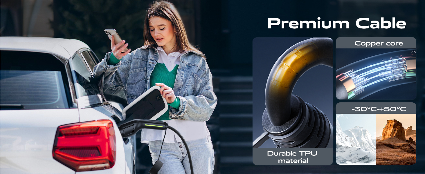 Electric vehicle charging cable with copper core and durable TPU material, designed for temperatures from -30°C to 150°C. Woman using the cable to charge a car.