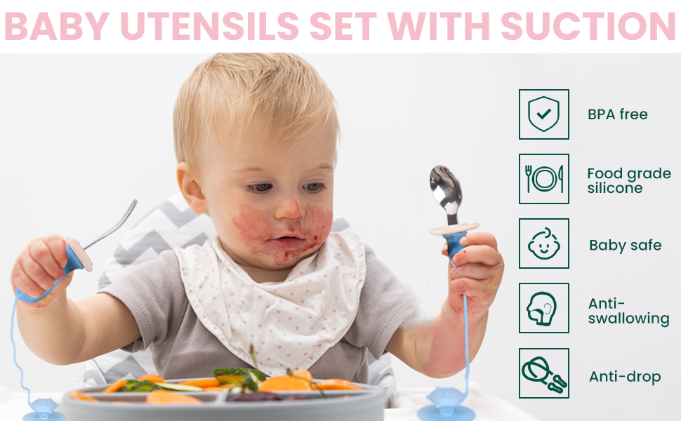 Suction Toddler Utensils, Toddler Fork and Spoon Set with Anti-Dropping Chain and Suction 