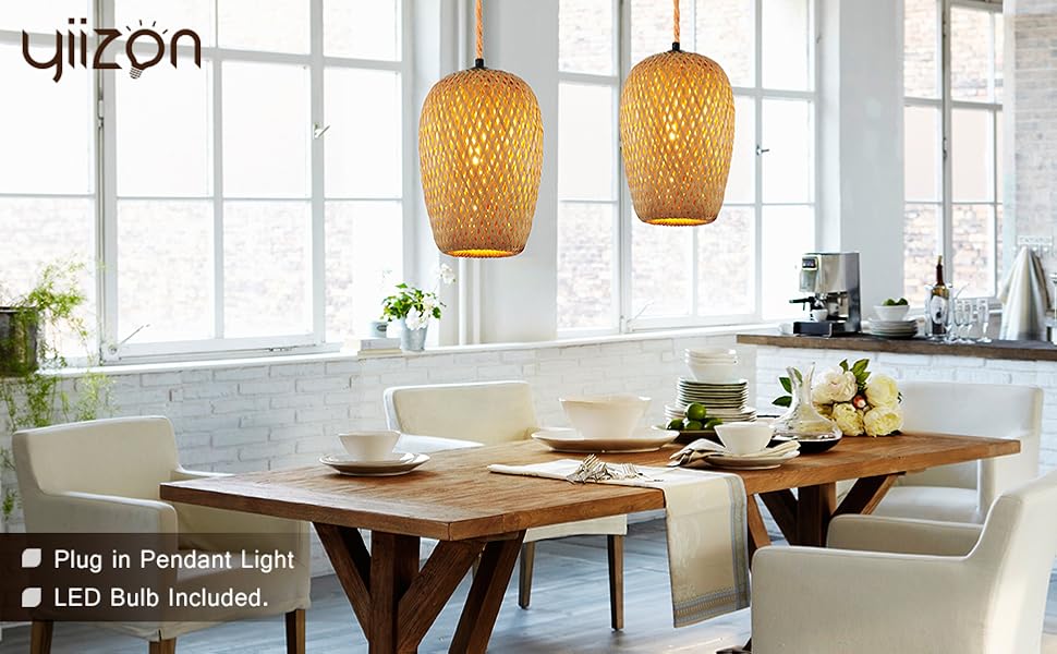 YIIZON Plug in Pendant Light Handwoven Bamboo Pendant Lamp Boho Modern