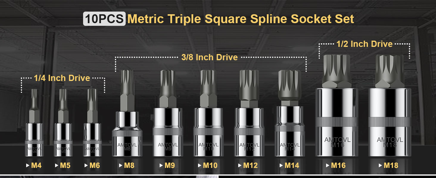 10-piece metric triple square spline socket set displayed on dark background, ranging from 1/4 inch to 1/2 inch drive sizes.