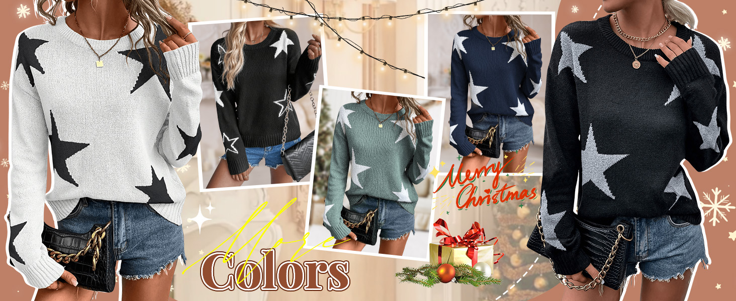 SHENHE Women Star Pattern Crew Neck Drop Shoulder Casual Sweater Pullover Knitwear