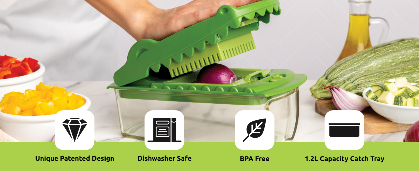 Dishwasher-safe veggie chopper with a unique patented design, BPA-free, and stainless steel blades.